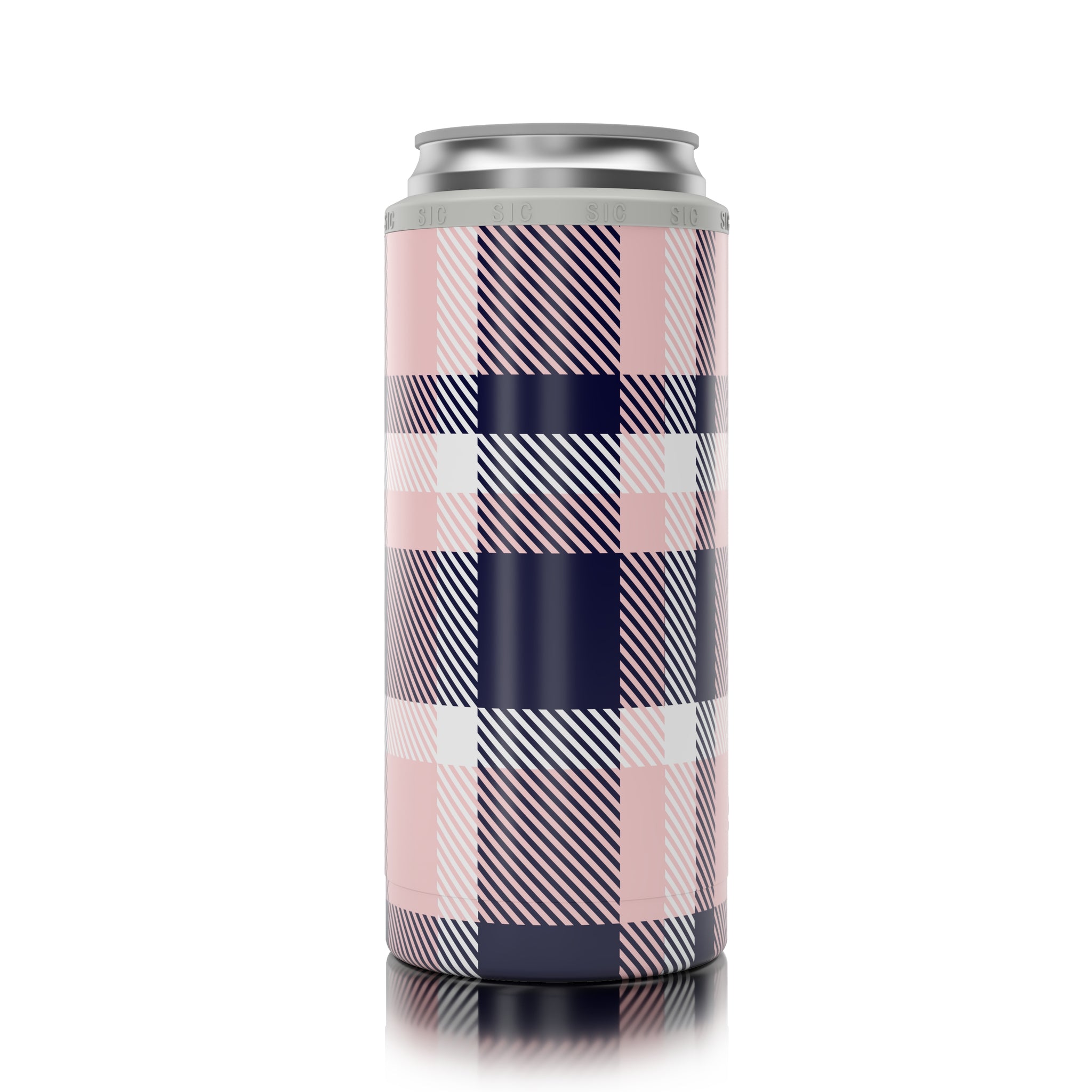 Slim Can Cooler SIC Pink & Navy Plaid ( 12 pack )